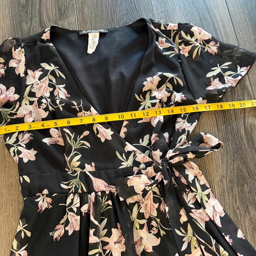 Ryan Michelle Floral Wrap Maxi Dress Black Pink Boho Chiffon Flutter Sleeve M - Picture 11 of 15